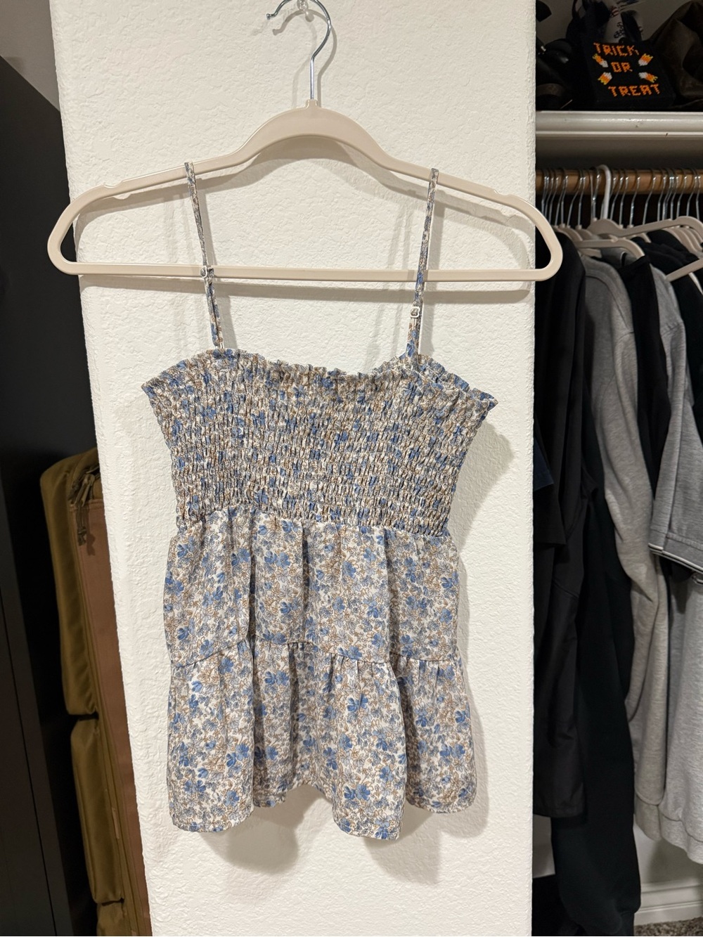 Smocked Floral Spaghetti Strap Top in Blue